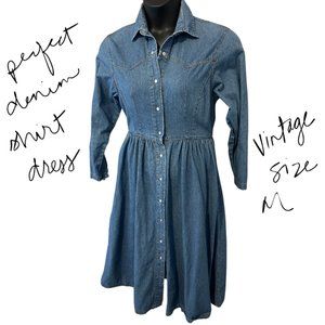 Vintage PS Gitano Denim Shirt Dress, Midi, Size Medium with Pearl Snap Buttons